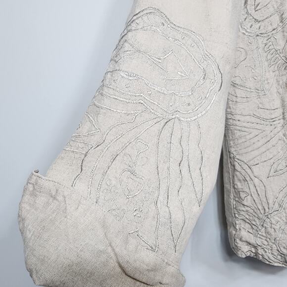 Women's Beige Embroidered Anu 100% Linen Open Front Blazer Sz Small - Picture 7 of 7